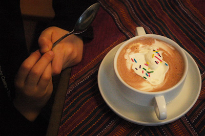 mummy put REAL whipped cream AND sprinkles in the hot chocolate!